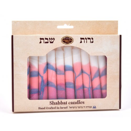 Handmade Decorative Galilee Shabbat Candles - Gray, White and Pink with Streaks