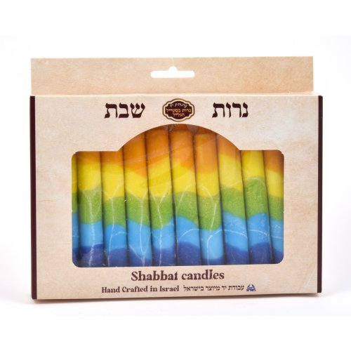 Handmade Decorative Galilee Shabbat Candles - Orange, Yellow and Green with Streaks