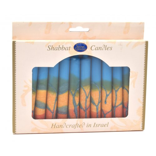 Handmade Decorative Galilee Shabbat Candles - Yellow, Orange and Blue with Streaks