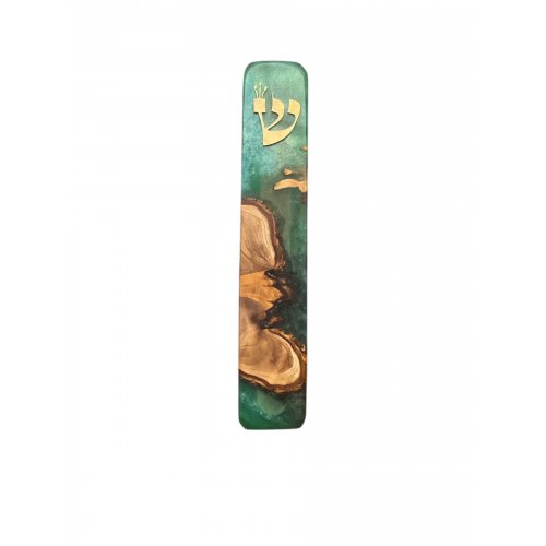 Handmade Mezuzah Case from Natural Olive Wood and Epoxy, Ocean Turquoise - Eial Ovin