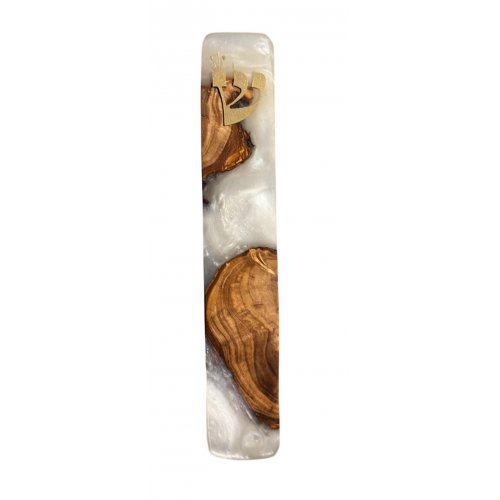 Handmade Mezuzah Case from Natural Olive Wood and Epoxy, Pearl - Eial Ovin