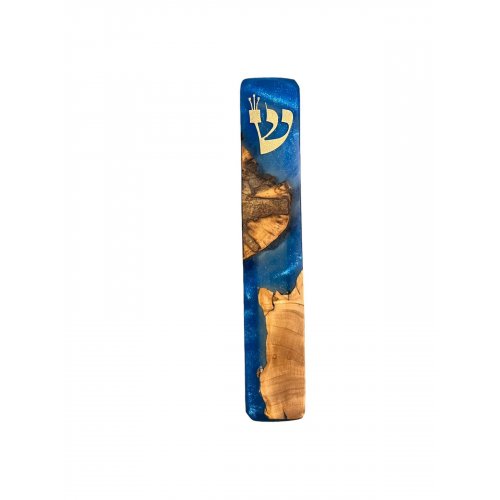 Handmade Mezuzah Case in Natural Olive Wood and Epoxy, Ocean Blue - Eial Ovin