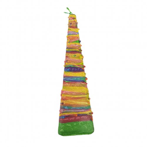 Handmade Pyramid Havdalah Candle, Green with Colorful Wax Threads - Galilee Style