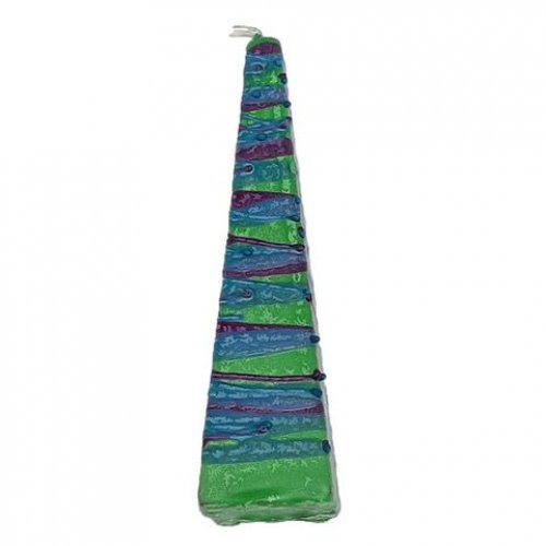 Handmade Pyramid Havdalah Candle, Purple Bands on Green - Galilee Style