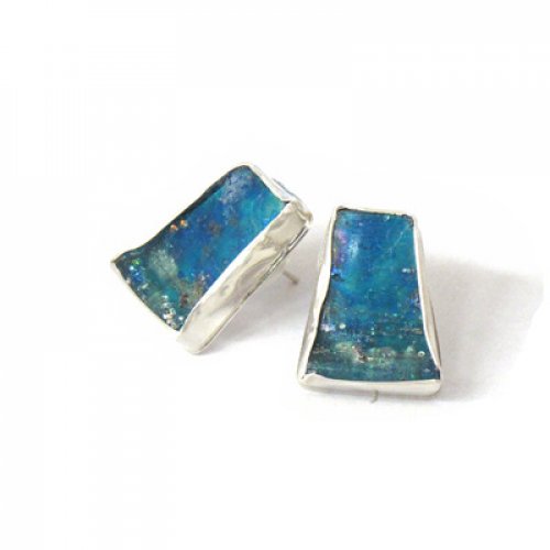 Handmade Sterling Silver Stud Earrings, Rectangle with Roman Glass - Michal Kirat