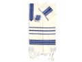 Handwoven White Wool Prayer Shawl Set with blue Stripes - Gabrieli