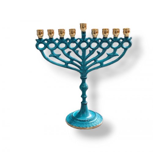 Hannukah Menorah with Pomegranate and Leaf Design in Patina, for Candles - 10 Inches