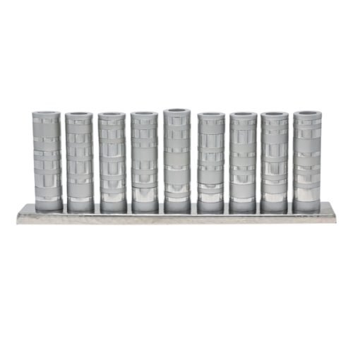 Hanukkah Menorah, Cylinder shapes with Silver Matte and Shiny Rings - Yair Emanuel