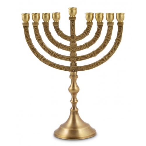 Hanukkah Menorah, Gold Branches with Engravings, for Candles - 10 Inches