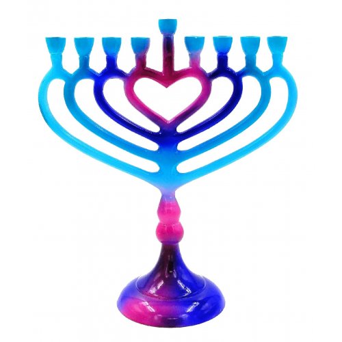 Hanukkah Menorah on Stem, Blue and Pink with Heart Image - For Candles