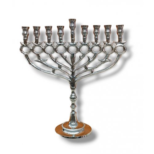 Hanukkah Menorah with Pomegranate and Leaf Design in Nickel, 12 Inches - For Candles