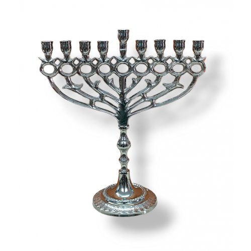 Hanukkah Menorah with Pomegranate and Leaf Design in Nickel, for Candles - 10 Inches