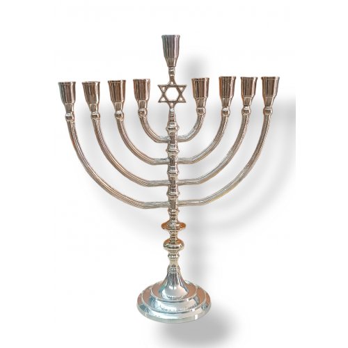 Hanukkah Menorah with Star of David in Nickel Plate, Oil or Candles - 14 Inches