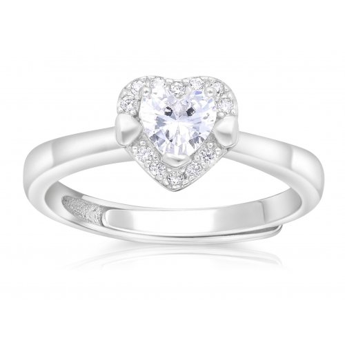 Heart Shaped Center Piece Adorned with Zirconim on sterling Siilver Adjustable Ring