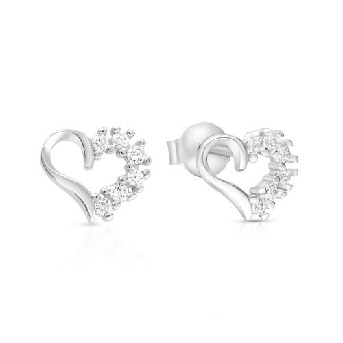 Heart Shaped Sterling Silver Stud Earrings, Zircons - Option: Silver or Gold Plate