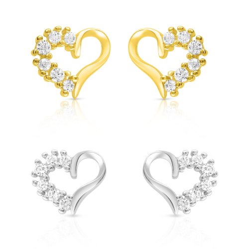 Heart Shaped Sterling Silver Stud Earrings, Zircons - Option: Silver or Gold Plate