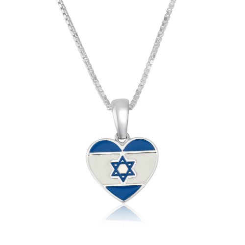 Heart-Shaped Pendant on Sterling Silver Necklace  Blue and White Israeli Flag Image