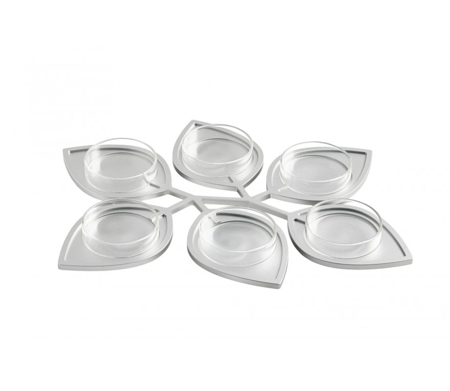 Israel Museum Anodized Aluminum Passover Seder Plate with Leaf Design and Glass Dishes