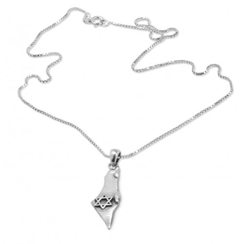 Israel Pendant Necklace, 925 Sterling Silver - Map of Israel with Star of David