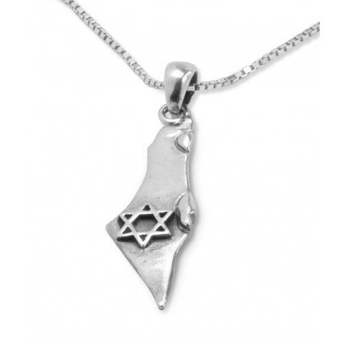 Israel Pendant Necklace, 925 Sterling Silver - Outline of Israel with Star of David