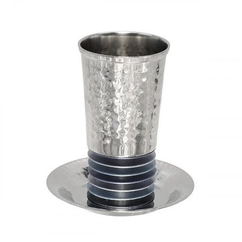 Kiddush Cup Set Hammered Metal with Stacked Discs, Gray - Yair Emanuel