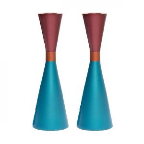 Large Cone Shaped Candlesticks with Band, Red and Turquoise - Yair Emanuel