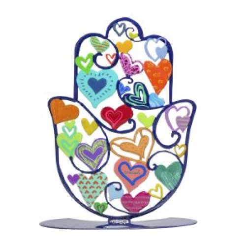 Large Hand Painted Hamsa on Base, Colorful Hearts  Yair Emanuel