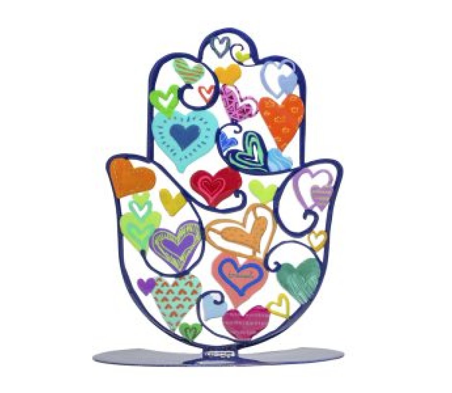 Large Hand Painted Hamsa on Base, Colorful Hearts – Yair Emanuel