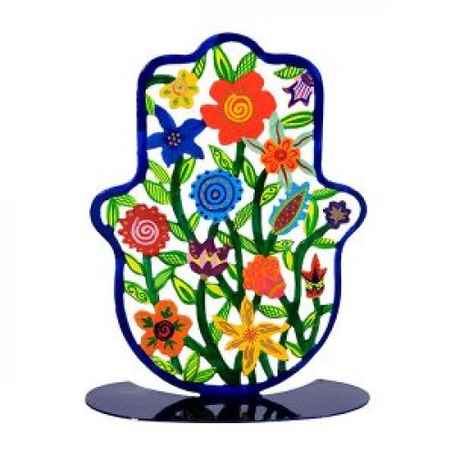 Large Hand Painted Hamsa on Stand, Colorful Flowers - Yair Emanuel