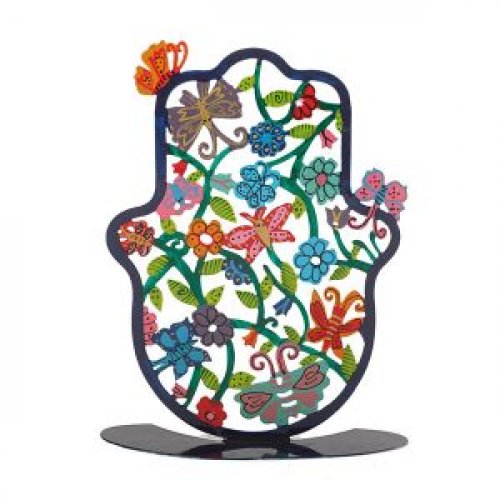 Large Hand Painted Hamsa on Stand, Flowers and Butterflies - Yair Emanuel