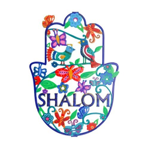 Large Hand Painted Wall Hamsa, Spring Scene with Shalom in English - Yair Emanuel