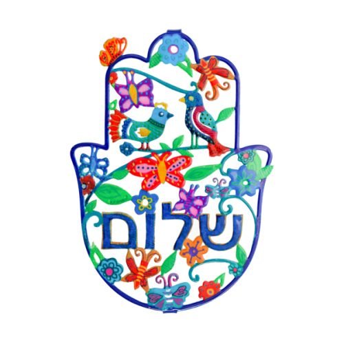 Large Hand Painted Wall Hamsa, Spring Scene with Shalom in Hebrew - Yair Emanuel