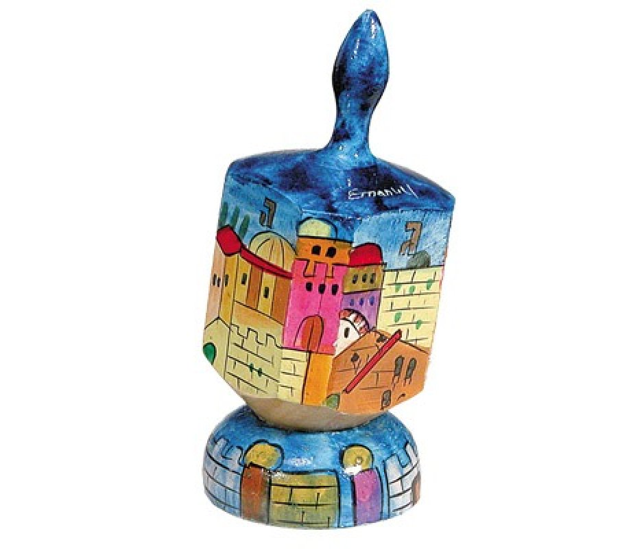 Large Hand Painted Wood Dreidel on Stand, Colorful Jerusalem - Yair Emanuel