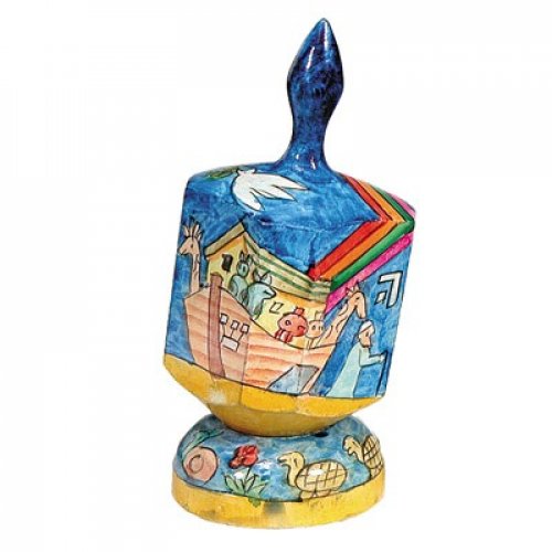 Large Hand Painted Wood Dreidel on Stand, Noah's Ark Images - Yair Emanuel