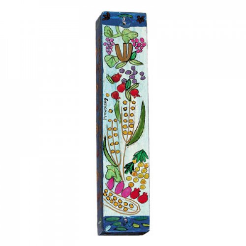 Large Hand Painted Wood Mezuzah Case, Seven Species on Blue - Yair Emanuel