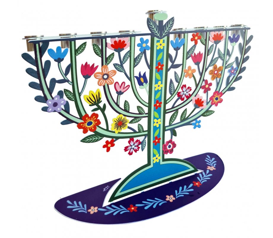 Laser Cut Chanukah Menorah with Colorful Flowers and Leaves - Dorit Judaica