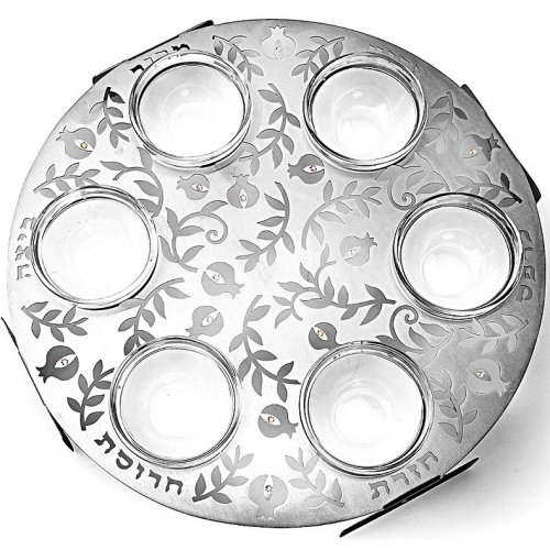 Laser Cut Seder Plate with Cutout Pomegranates and Glass Bowls - Dorit Judaica