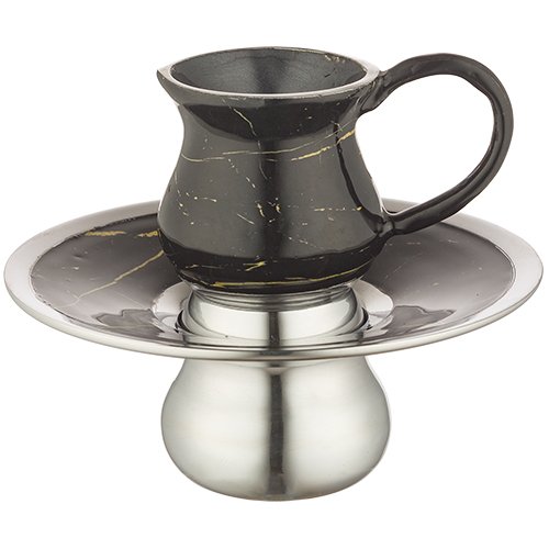 Mayim Achronim Two-Piece Set, Black Jug with Gold Marble Streaks, Silver Bell Base