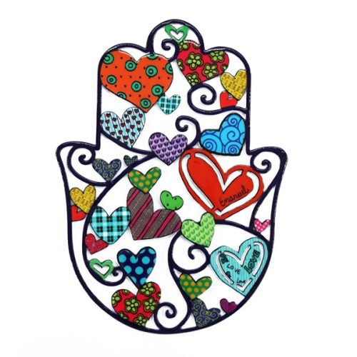 Medium Handmade Wall Hamsa with Enamel Finish, Colorful Hearts  Yair Emanuel