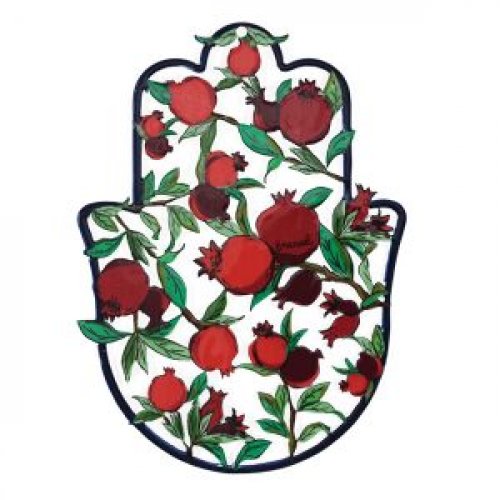 Medium Wall Hamsa, Handmade with Enamel Finsih, Red Pomegranates Design - Yair Emanuel