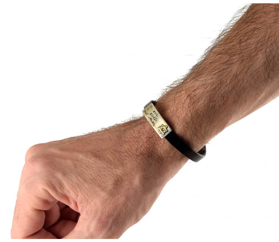 Men Leather Bracelet with Sterling Silver Hebrew Shema Prayer & Gold Star of David - Studio Golan