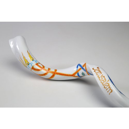 Menorah Star of David on White Background Hand Painted Yemenite Shofar