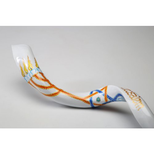 Menorah Star of David on White Background Hand Painted Yemenite Shofar