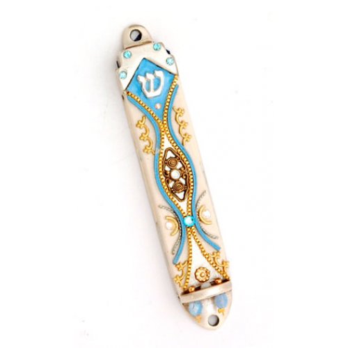 Metal Bead Turquoise Pewter Mezuzah Case - Ester Shahaf