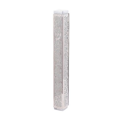 Mezuzah Case Cutout Pomegranate and Flowers, Silver - Yair Emanuel