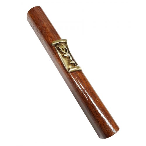 Mezuzah Case of Dark Brown Wood with Divine Name on Silver Pewter Scroll Plaque