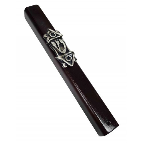 Mezuzah Case of Dark Brown Wood with Shin on Decorative Silver Pewter