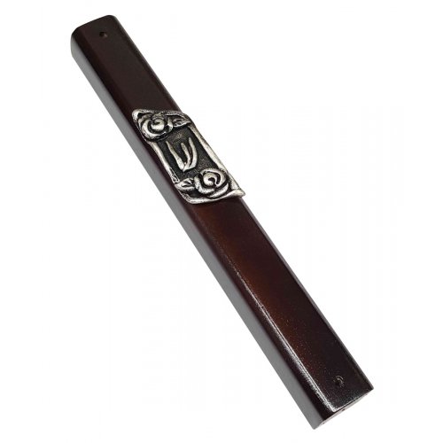 Mezuzah Case of Dark Brown Wood with Shin on Decorative Silver Pewter Plaque