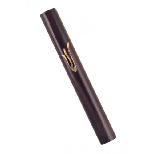 Mezuzah Case of Rounded Dark Brown Wood with Flame Shaped Shin in Bronze Pewter