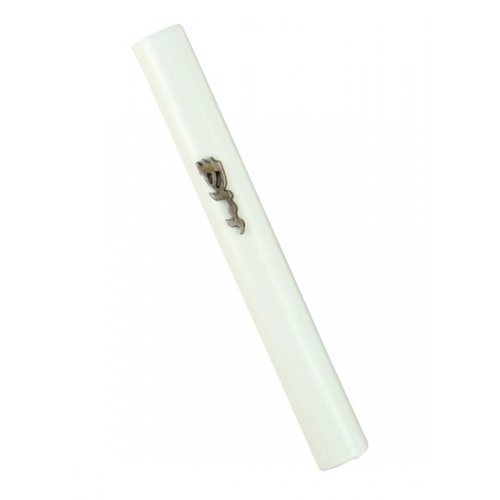 Mezuzah Case of Rounded White Wood with the Divine Name in Silver Pewter